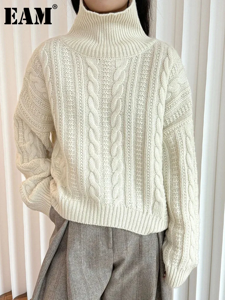 [EAM] Beige Big Size 100% Wool Knitting Sweater Turtleneck Long Sleeve Women Pullovers New Fashion Spring Autumn 2024 1DH8419