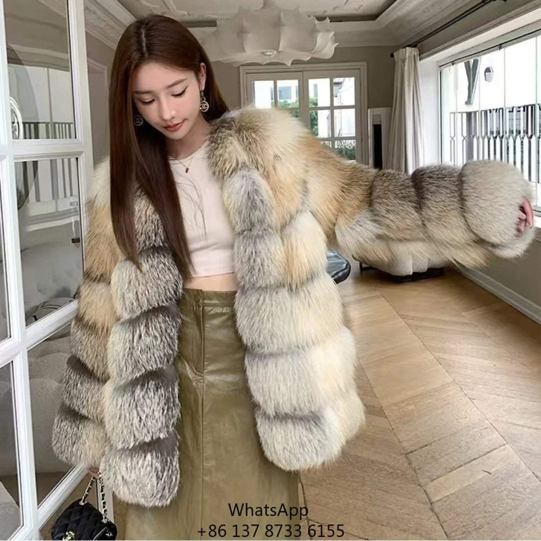 

High-End Women's Winter Coat With V-Neck Midi Length Golden Island Fox Fur Print Pattern Casual Outerwear Fashionable Warm