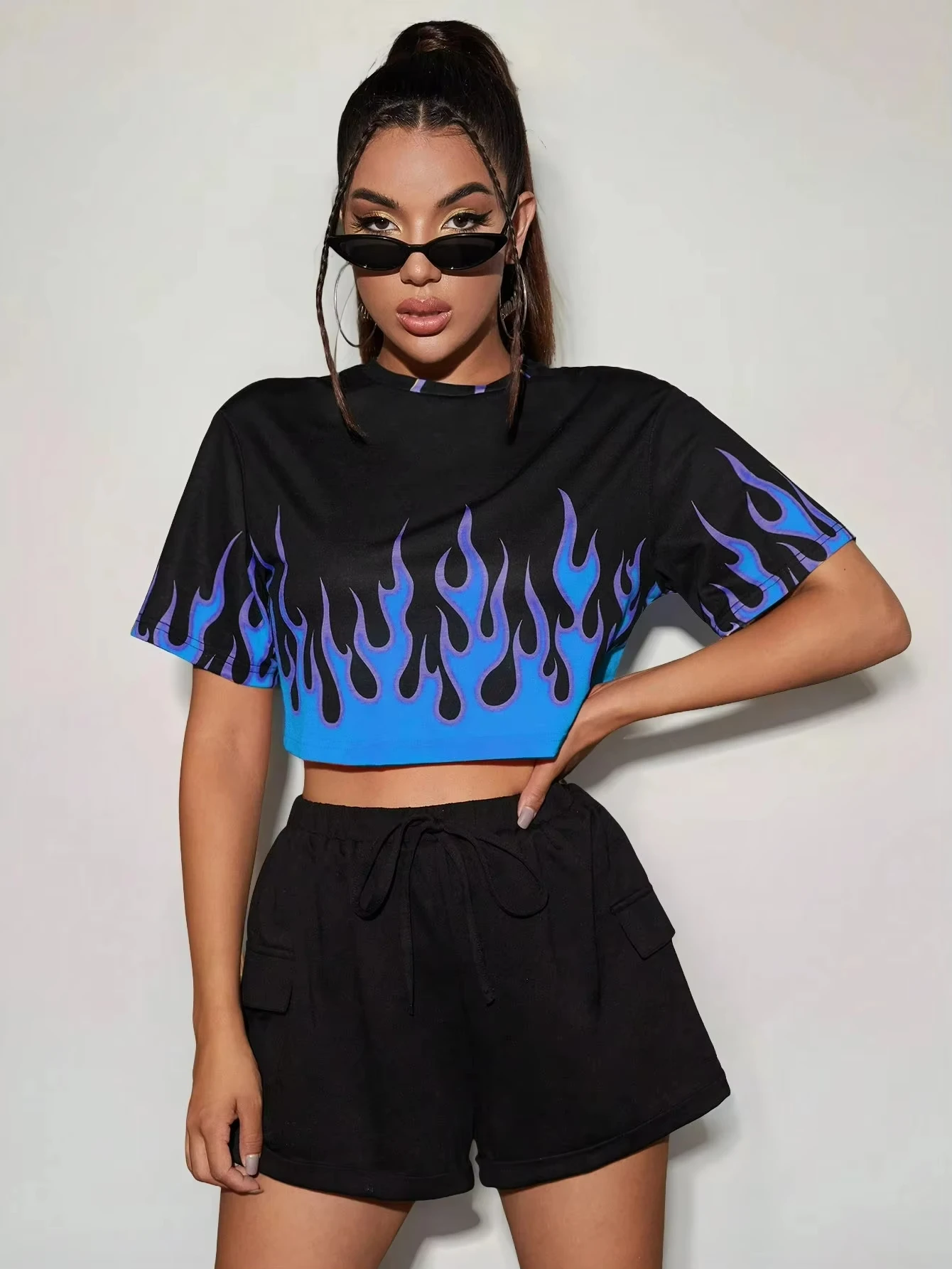 Camiseta corta con diseño de estampado de llama para mujer, camiseta informal de verano para correr, Top corto de entrenamiento, Camiseta corta holgada para mujer para baile