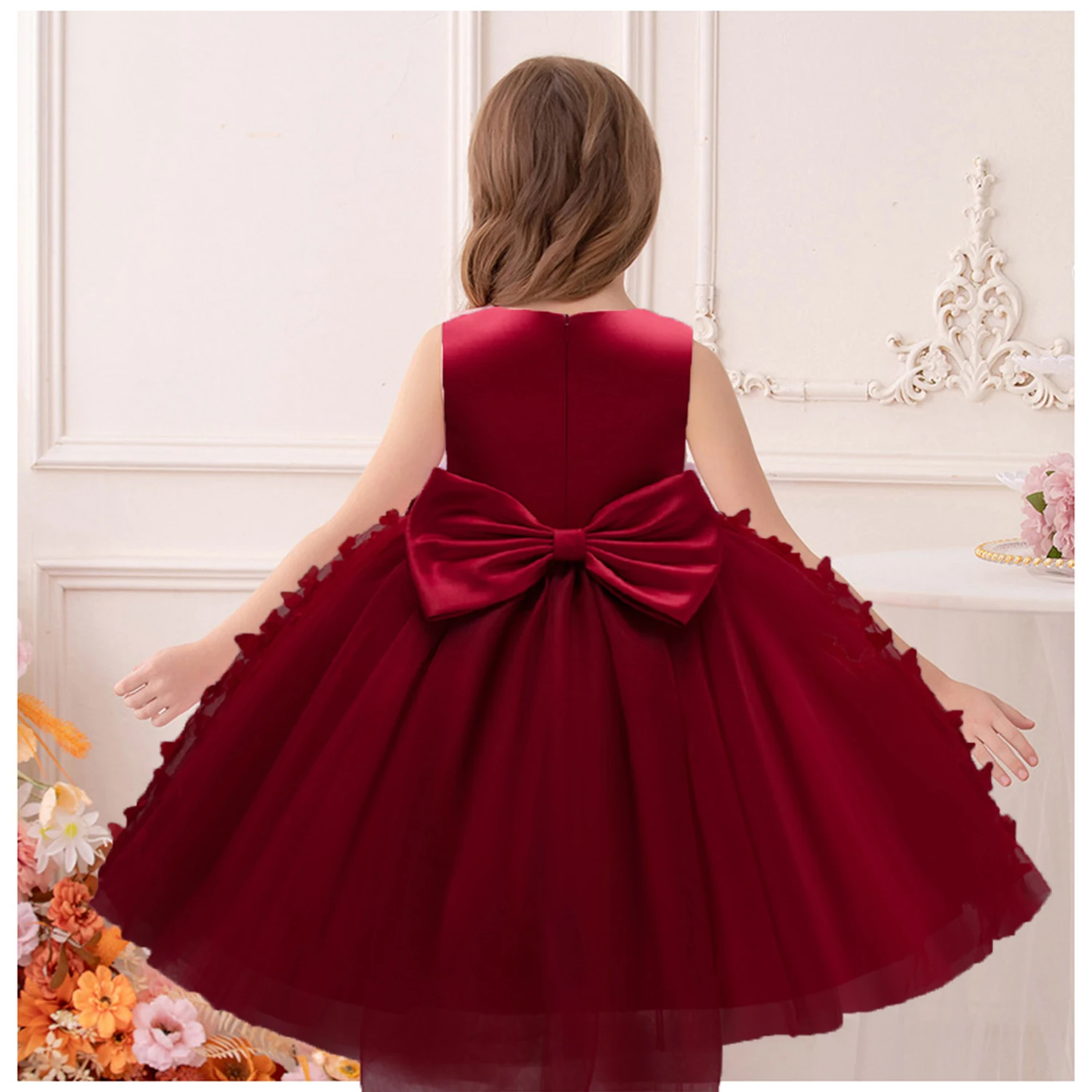 Grace Stylish Butterfly Bowknot Appliqued Flower Girl Birthday Party Pageant Formal Dance Party Dress