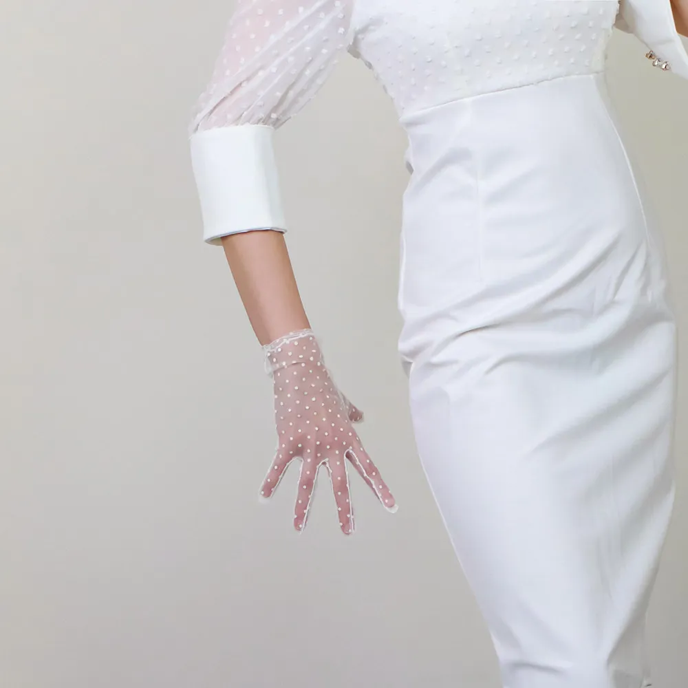 Kurze Spitzenhandschuhe mit Rüschenbesatz, Tüll-Mesh, halbtransparent, Touchscreen-kompatibel, Schwarz-Weiß-Punkte, elegant, für Hochzeiten, Damen – Detail 33
