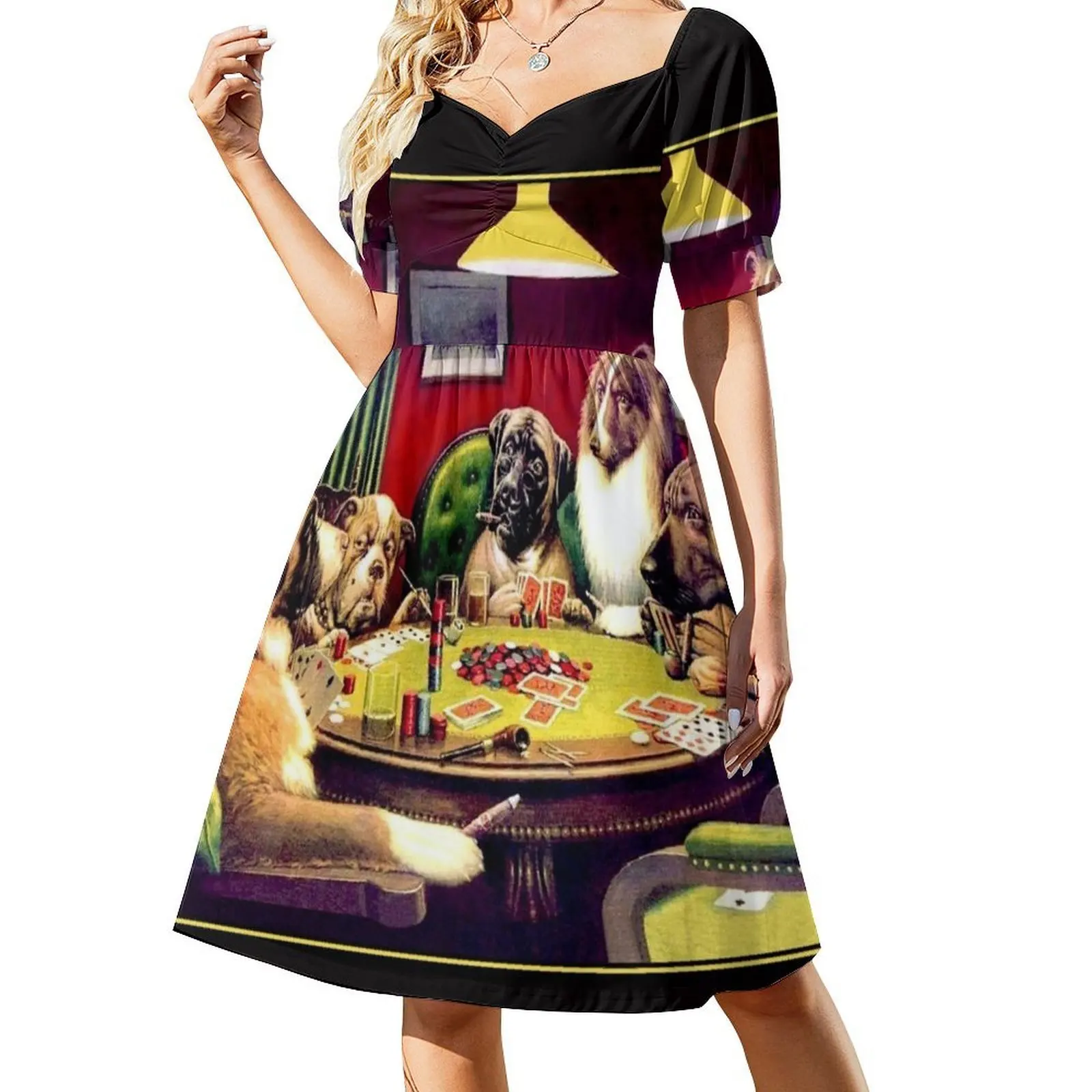 الكلاب لعب البوكر: فستان حفلات نسائي عتيق باللونين البني والسيجلو ملابس الشارع الشهير ملابس نادي مطبوعة عصرية للكلاب النسائية #2