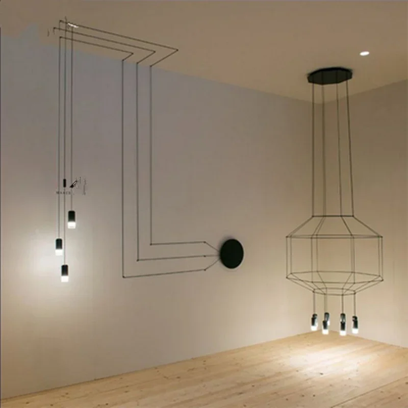 

Nordic Modern 110V 220V 240V LED Black Wireflow Pendant Light Lamp Stairwell Hall Lobby 3 Meters Cable Flow Black Hanging