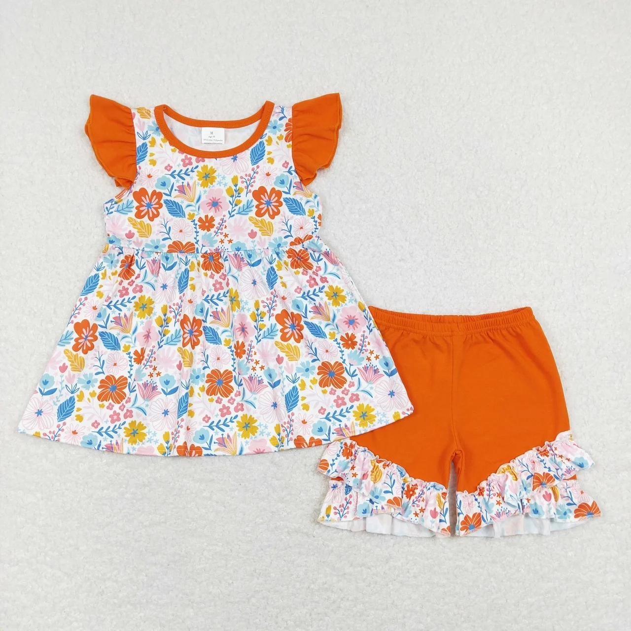 

Wholesale Infant Floral Clothes Baby Girl Summer Flower Short Sleeves Tunic Orange Ruffle Shorts Toddler Outfit Kid Children Set