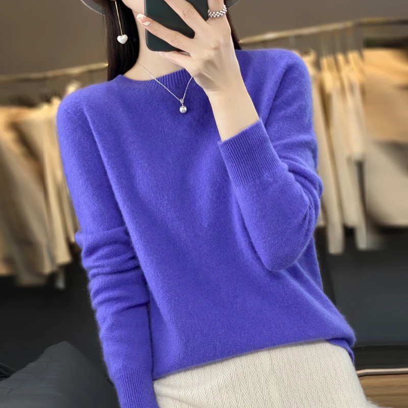 100% pure wool cashmere sweater women's O-neck pullover casual knit top autumn and winter women's coat Korean fashion