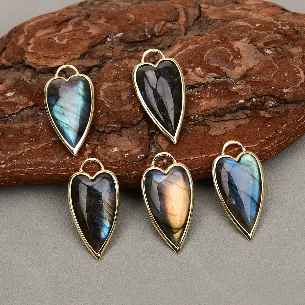 APDGG 5 Pcs Natural Labradorite Quartz Heart Pendant Gold Edge Plated Bezel Set Gems Stone Charms Jewelry Making DIY