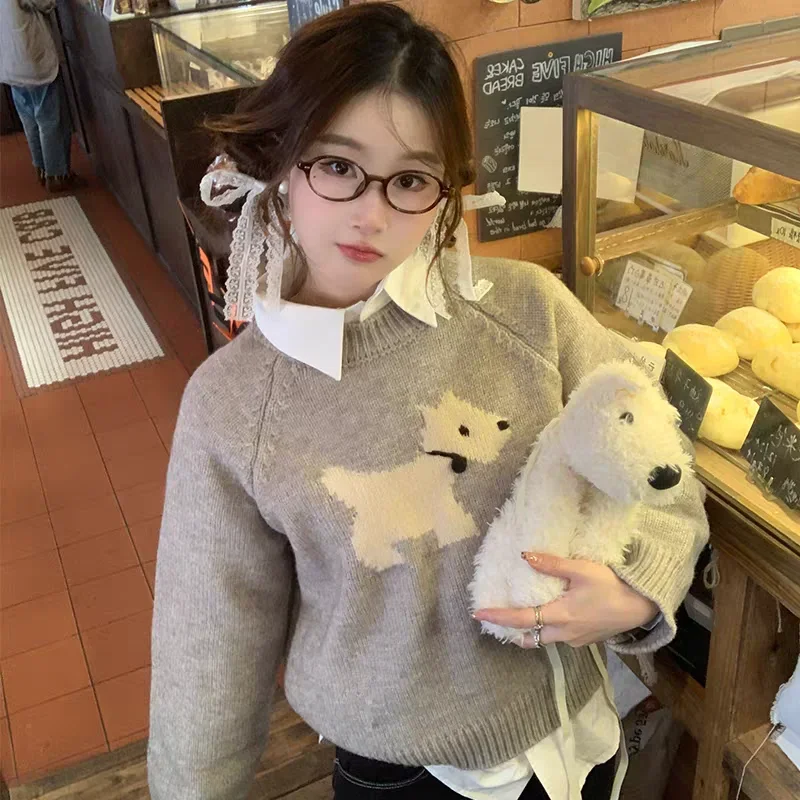 Korean Fashion Autumn Winter Round Neck Long Sleeved Pullover Lovely Puppy Sweater Women Tops Loose Casual Knitted Sweater