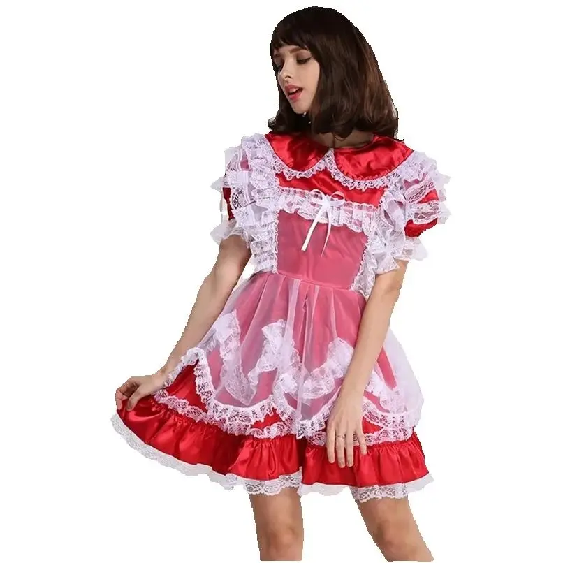 

French Sexy Adult Custom Fetish Cross Dress Sissy Red Satin Sheer Draped Shoulder Lace Dress