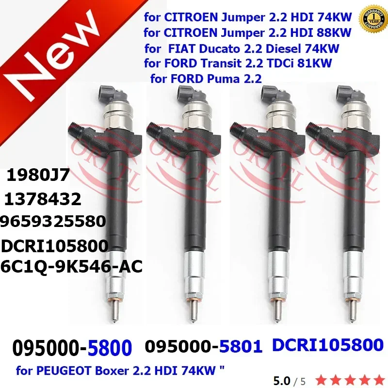 4 inyectores de combustible Diessel originales 5800 0950005800 095000-5800 para FORD Transit 2.2 TDCi 96KW PEUGEOT Boxer 2.2 HDI 74KW