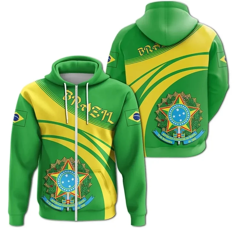 Brazil Flag Map Graphic Sweatshirts Brazilian National Emblem Zip Up Hoodie For Men Clothes Casual Male Hood Sport Boy Pullovers