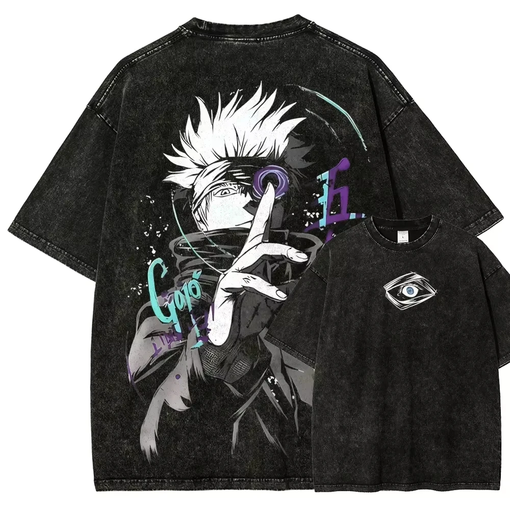 100% Cotton Men's Satoru Gojo T‑shirt Jujutsu Kaisen Vintage Washed Oversized Tees, Graffiti Eye Retro Anime Harajuku Graphic Streetwear Cotton Casual Tops