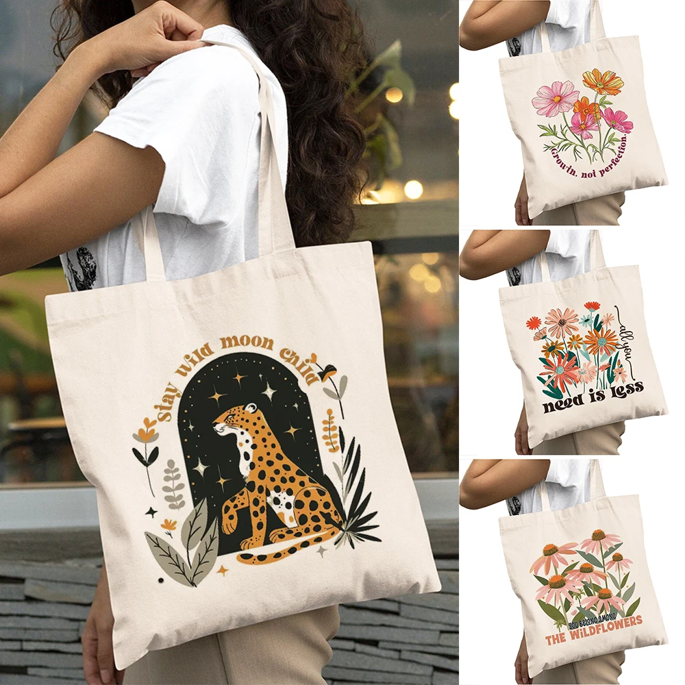 

Leopard Floral Women Shopping Bag Colorful Blooms Girl Daily Use Shoulder Handbag Double Print Vibrant Blossoms Lady Shopper Bag