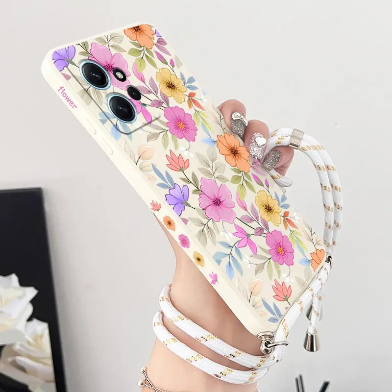 جراب هاتف سيليكون بحبل زهور أرجواني ، غطاء لهاتف شاومي ريدمي نوت 12 ، 12Pro ، 12S ، 12Pro Plus ، 11T ، 11S ، 13Pro ، 13 ، 13R ، N ote