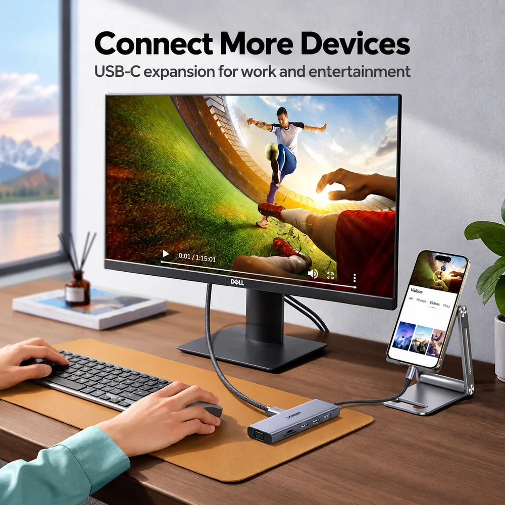 UGREEN 25360 9-in-1 USB-C Hub with 1.5m Cable, 4K 30Hz HDMI, 1080p VGA, Gigabit Ethernet, 3 USB 3.0, SD/TF Reader, 100W PD