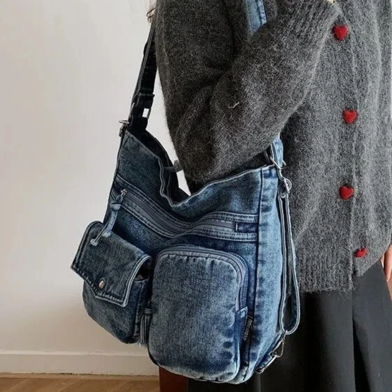 

Retro Denim Crossbody Messenger Hobo Bag For Women With Multiple Pockets Casual Shoulder Tote Bag For Daily Use Large Capacity