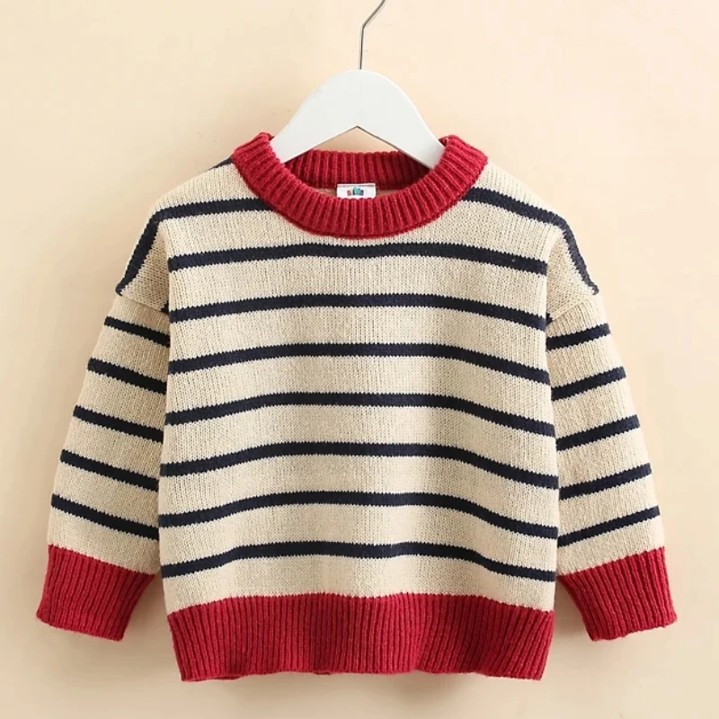 2023 Spring Autumn Winter Fashion Warm 2 3 4 5 6 8 10 Years Children Pullover Stripe Knitted Loose Sweater For Baby Kids Girls