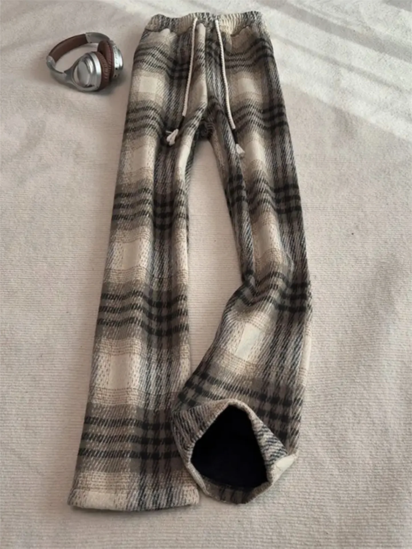 

American Retro Tweed Plaid Thiened Winter Casual Pants Men Women Autumn Winter Straight Leg Drapey Sweatpants Long Trousers