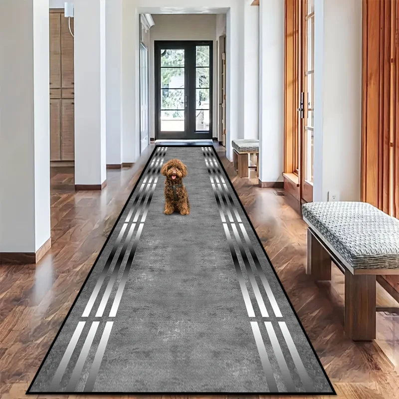 VIKAMA Modern Striped Runner Rug for Hallway Entryway Kitchen Non-Slip Washable Floor Mat Gray Geometric Design Long Carpet