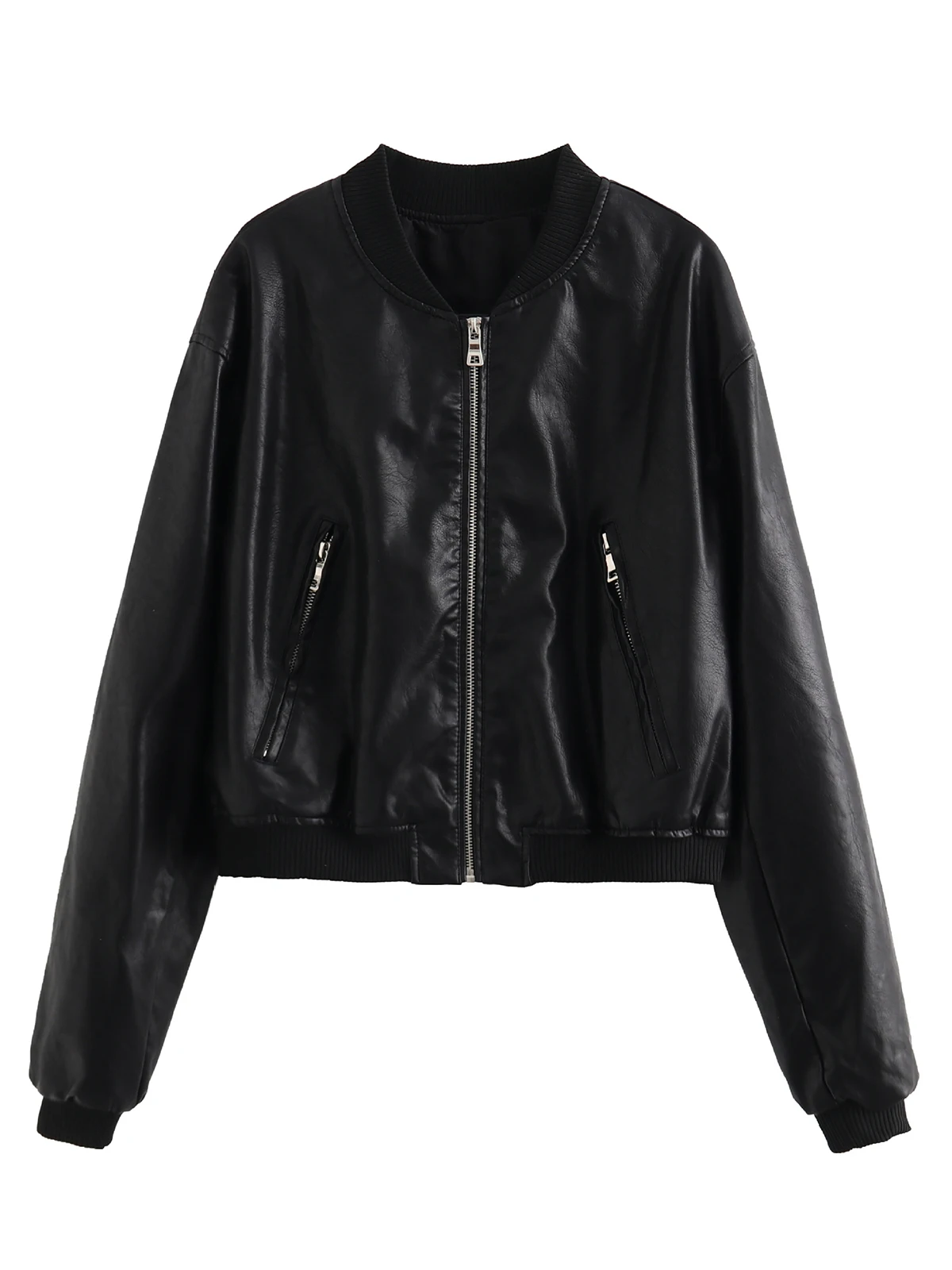 Woman Faux Leather Jacket Bomber Baseball Coat Aviator Y2K High Street Long Sleeve Outwear