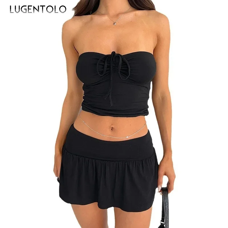 Women Fashion 2-piece Set Sexy Shirred Tether Bandeau Top Comfortable A-line Culottes High Street Party Vacation Attire