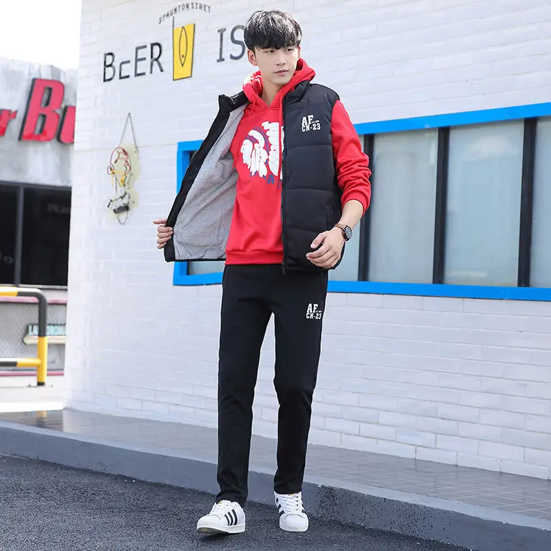 

3 Pieces Set Hoodies+Vest+Pants Casual Track Suit Clothing Coats Winter Thick Warm Tracksuit for Couple Printed Mens Set Vest