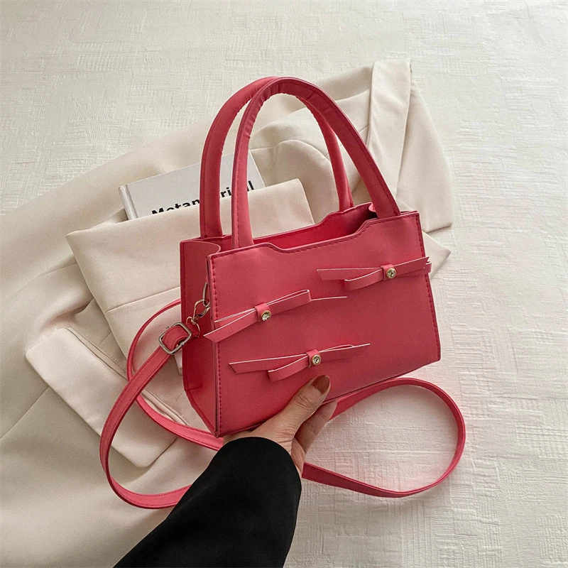 

Sweet Textured Bow Handheld Small Square Bags For Women Korean Simple Solid One Shoulder Crossbody Pack Casual Shopping Handbags