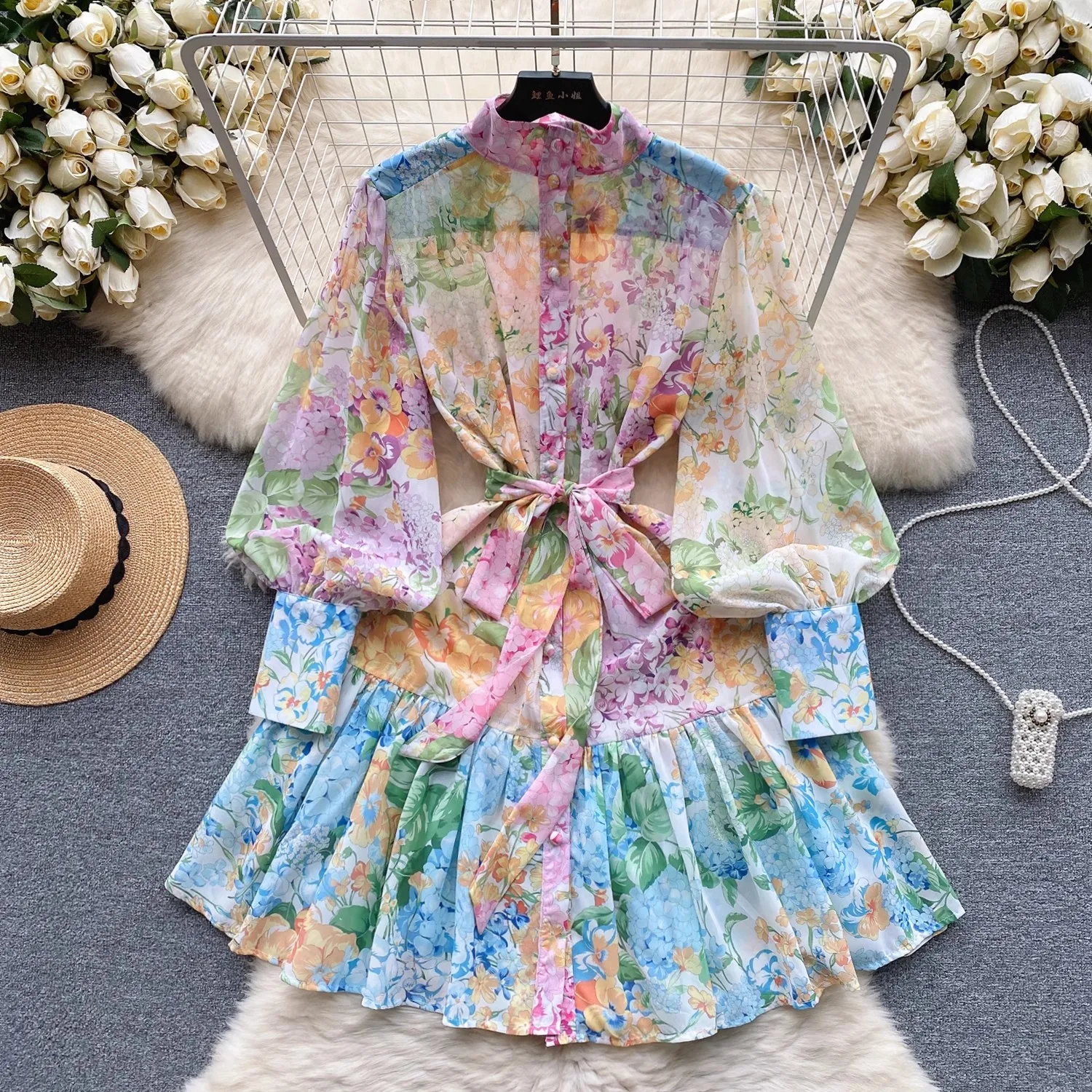 New Summer Holiday Beach Short Dress Women\'s Stand Long Lantern Sleeve Floral Print Sashes Lace Up Chiffon Loose Vestidos 6362