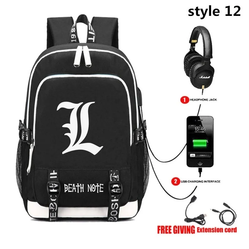 Anime Death Note L USB Charge Headphone Jack Laptop Bags Teens School book bag Multifunction Travel Bags Backpack