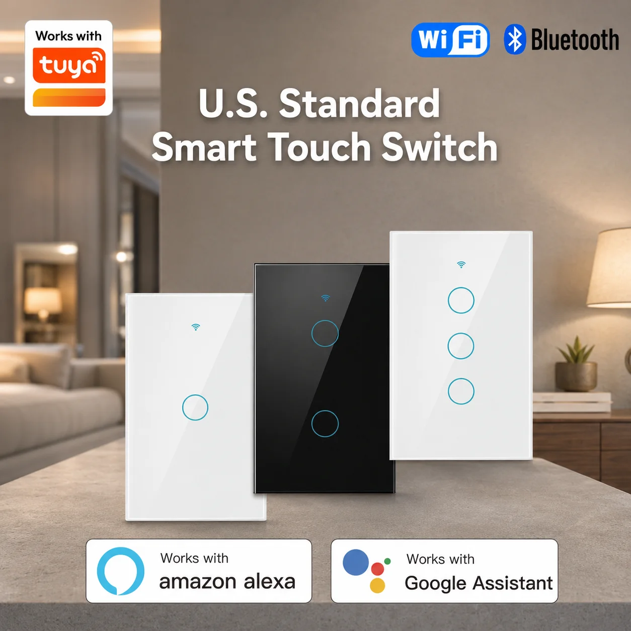 Tuya U.S.-Spec Touch Switch, Remote Control, Voice Control, Wi-Fi and Bluetooth Connectivity, Ideal For Smart Homes