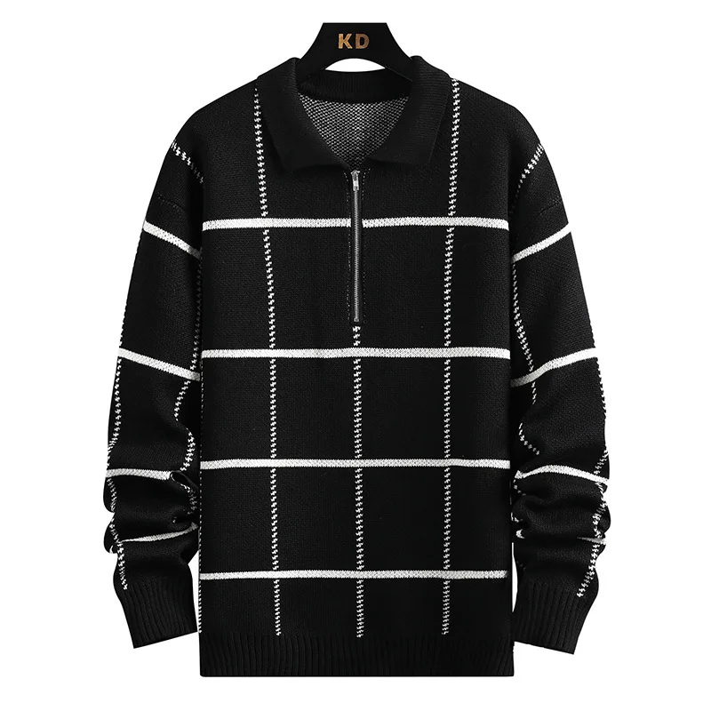 2023 Men's New Zipper and Lapel Plaid Sweater Youth Autumn Loose Retro Sweater