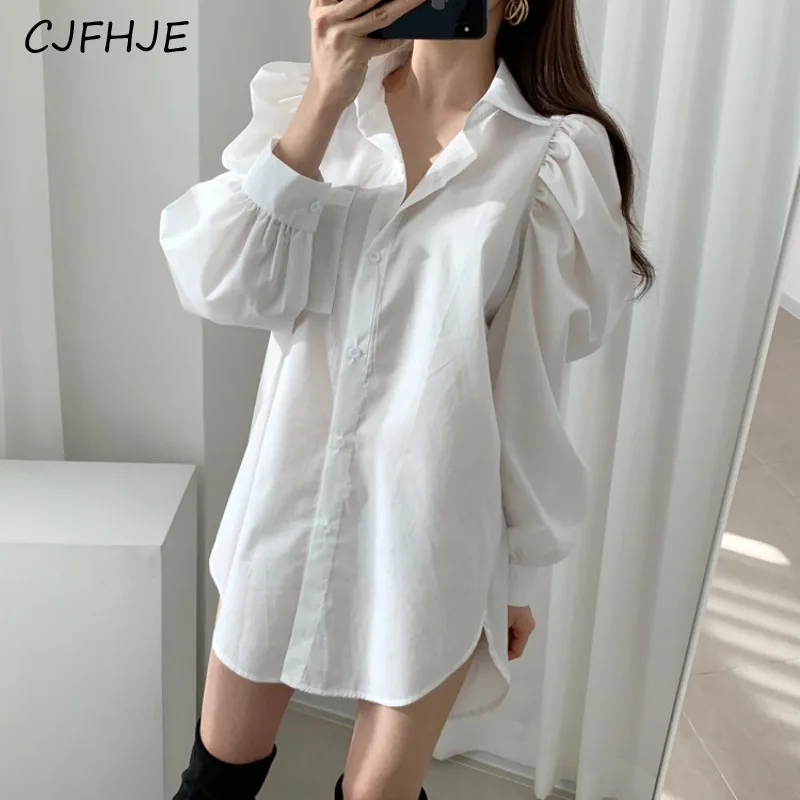 

CJFHJE Spring New Women's Solid Classic Shirt Korean Fashion Loose Women Casual Long Sleeve Bubble Sleeve Medium Long Shirt Top