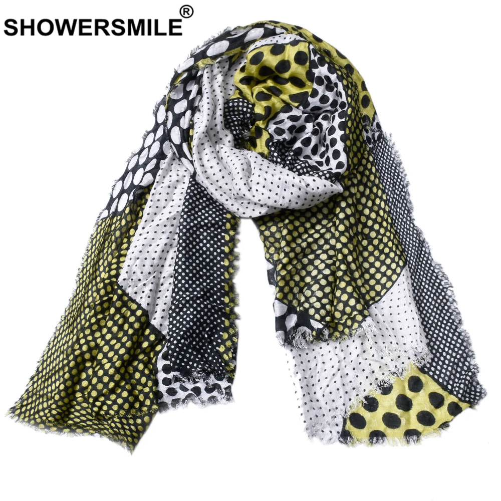 

Желтый шарф унисекс из хлопка в горошек, весенне-осенний, с бахромой, в стиле пэчворк, 190см*90см, модный