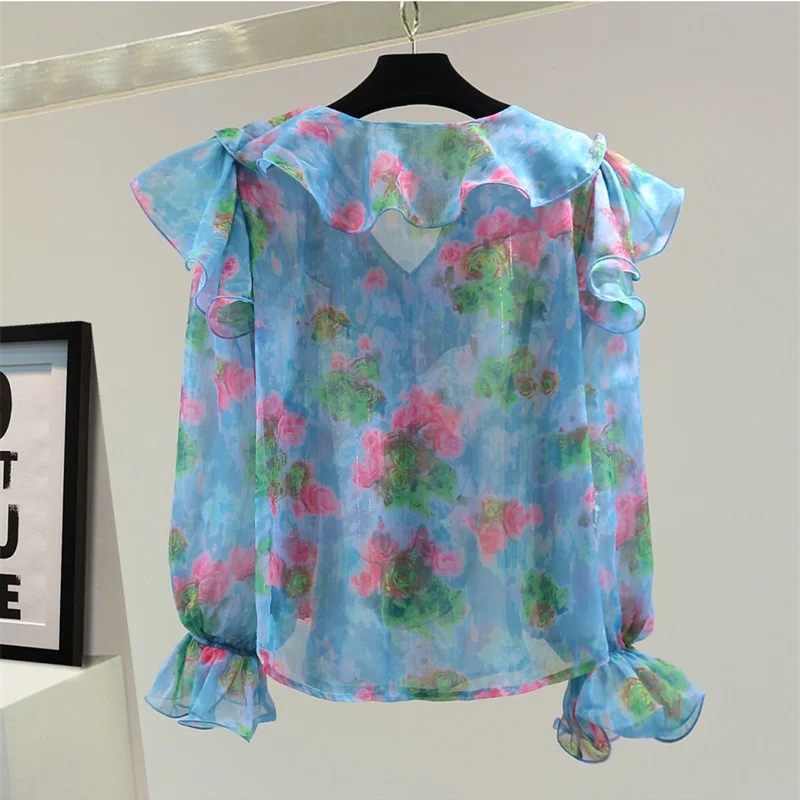 

Retro Printed Chiffon Shirt Women's Shirts Top 2026 Spring Summer Korean Heavy Industry Rruffle Edge Long Sleeved Shirt Blouse
