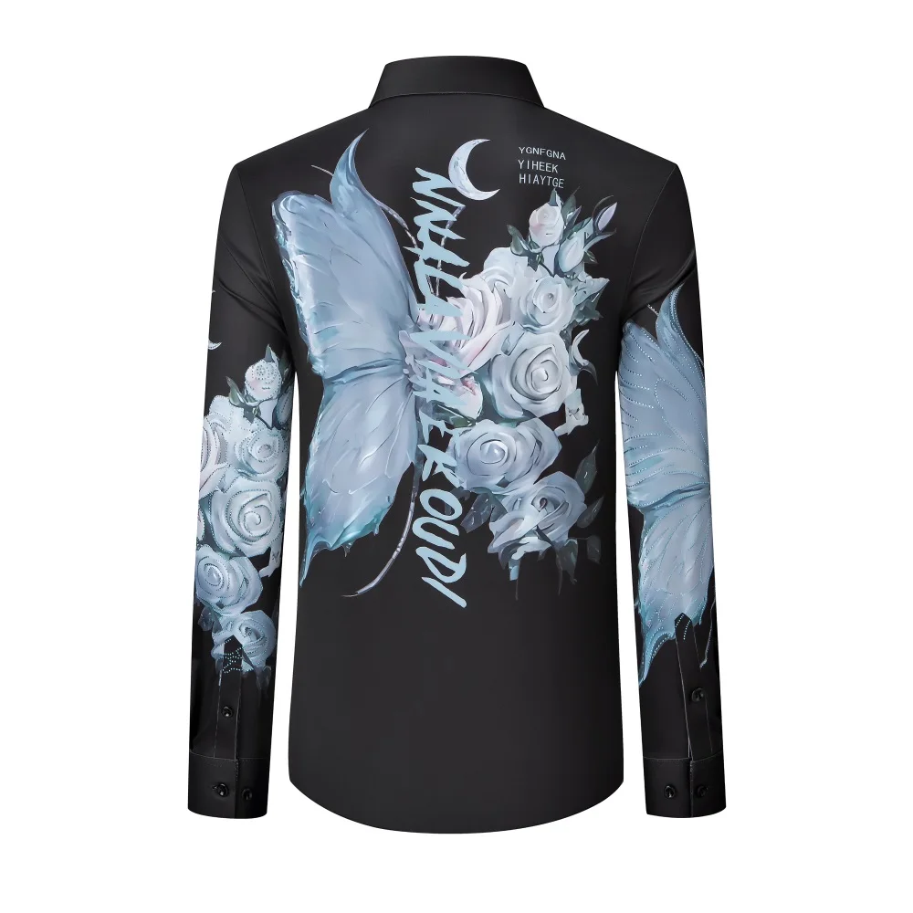 High End Rhinestone Butterfly Long Sleeve Shirt Men Brand Casual Business Dress Shirts Slim Fit Social Banquet Nightclub Shirts