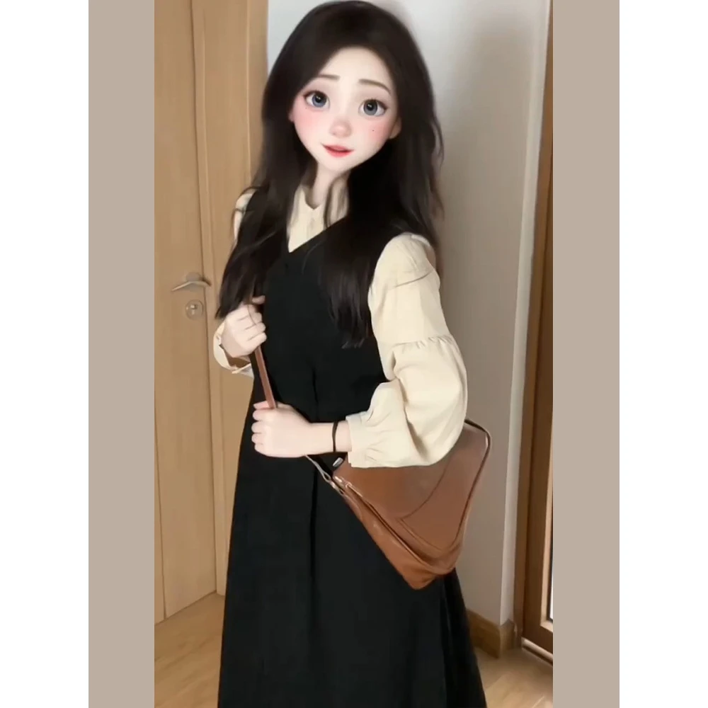 Recién llegado, conjunto de blusa y Dr a cuadros College Sle para mujer, falda larga Faion de principios de otoño, cintura alta, Bubble Sve