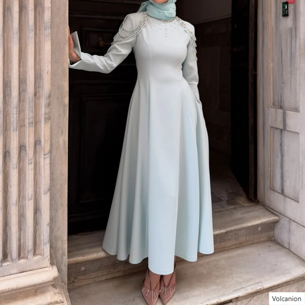 

Customized A-line Evening Dresses Tea-length High-neck Full Sleeve Prom Gown Fashion Crystal Simple Draped Casual Party Gown