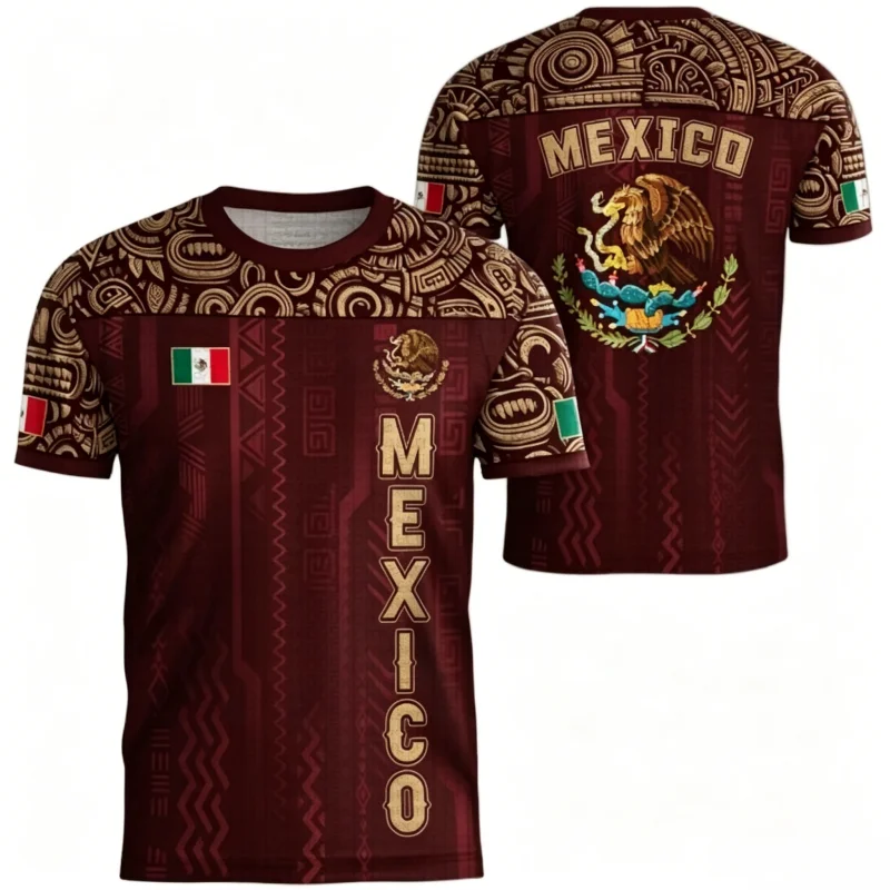 Vintage Mayan Totem Mexico T-Shirt, Green White Red Flag Trim Collar 3D Graphic Casual Daily Sports Short Sleeve Top