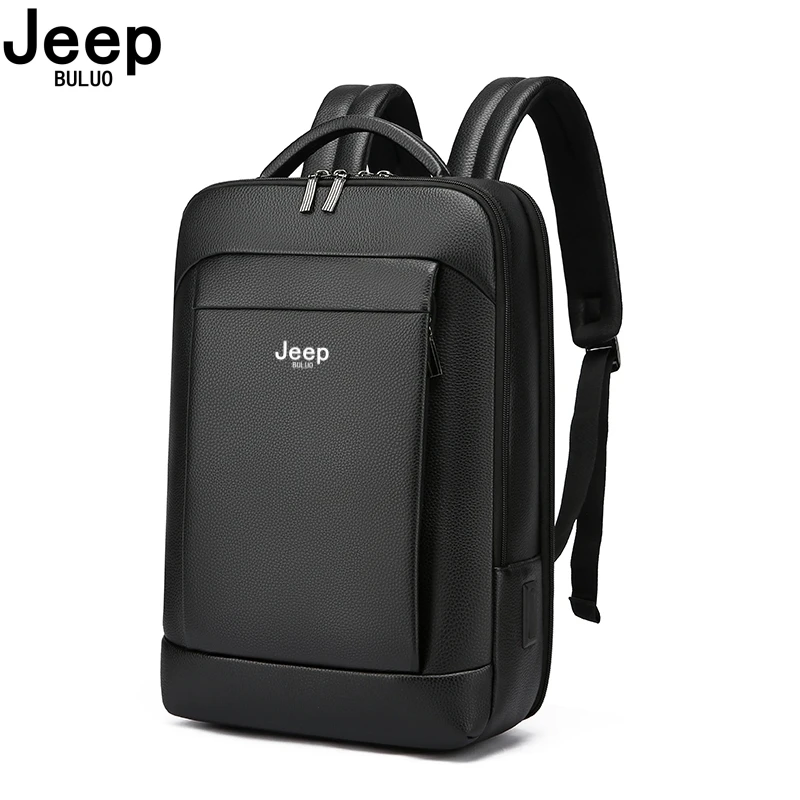 

JEEP BULUO Brand men backpack real leather black 15.6 inches laptop pack bag business casual travel backpack cow genuine leather