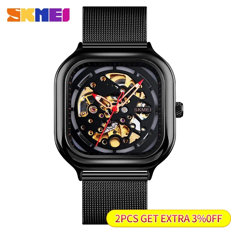 SKMEI 9184 Men Automatic Watch Quartz Waterproof Hollow Art Strainless Steel Strap montre homme Clock Fashion Mechanical Watch