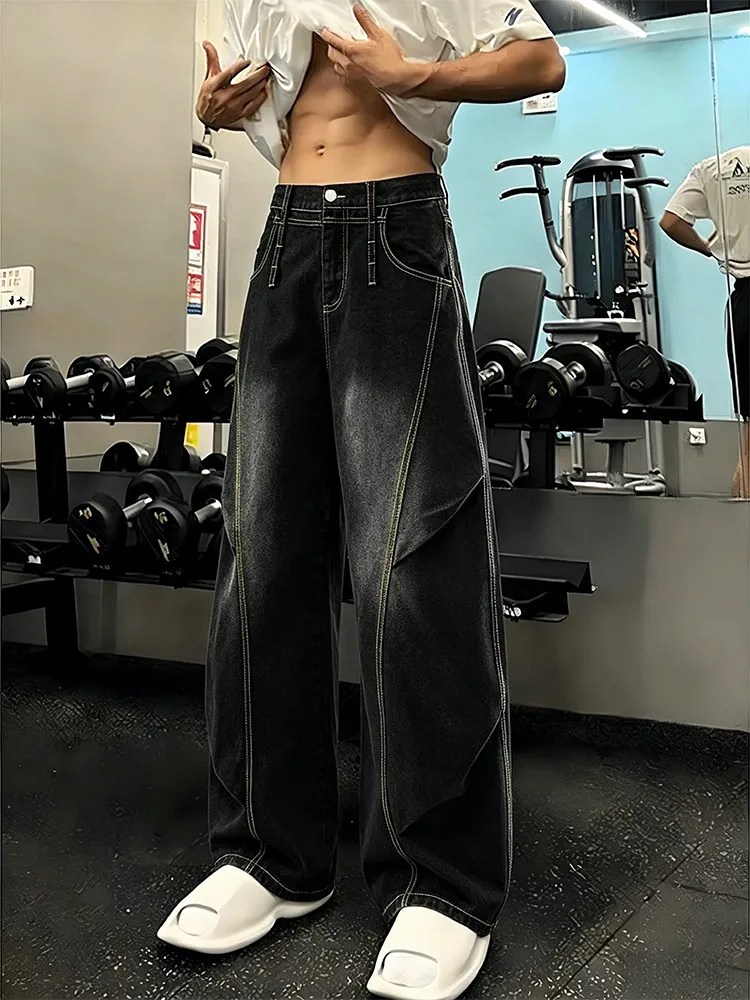 Black Washed Curved Knife Jeans Men's American High Street Pleated Workwear Pants Straight Leg Wide Leg Cleanfit Jeans