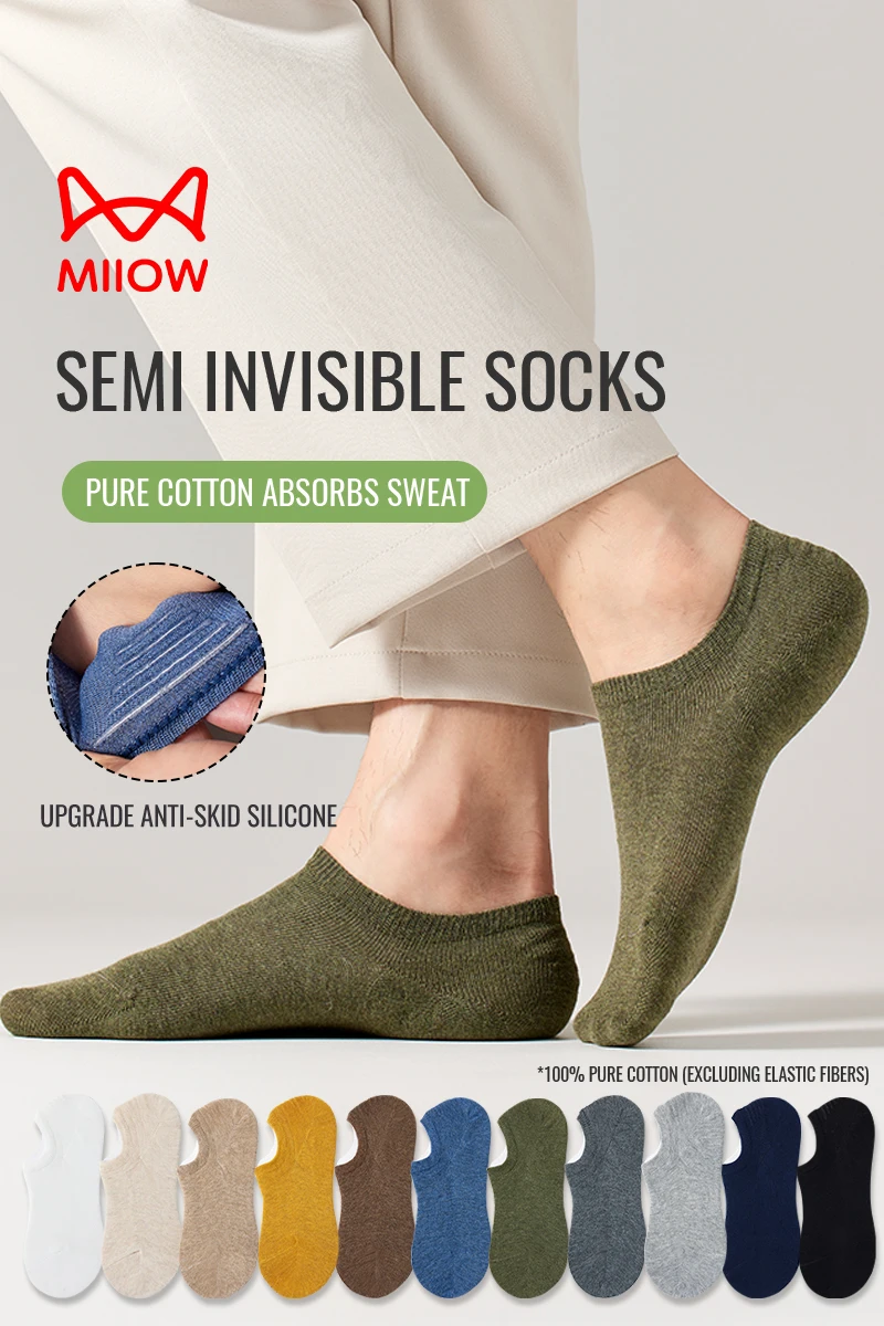 MiiOW Pure Cotton Invisible Sock Men's Summer Breathable Mesh No Show Sock Antibacterial Deodorant Non-slip Low Cut Socks Dress view 6