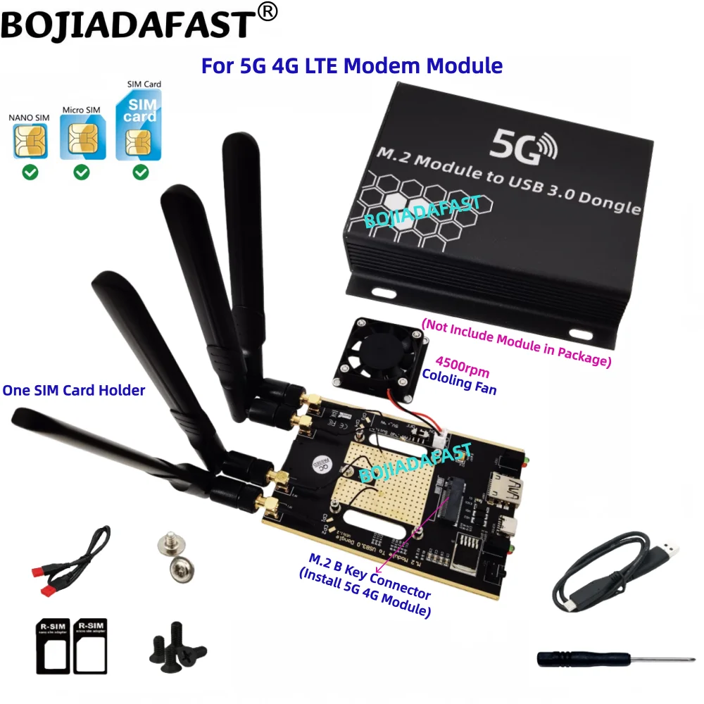USB 3.0 Type-A To M.2 B-Key Wireless Adapter 1 SIM Card Slot 4 Antennas With Fan Protection Case For 5G 4G LTE Modem Module