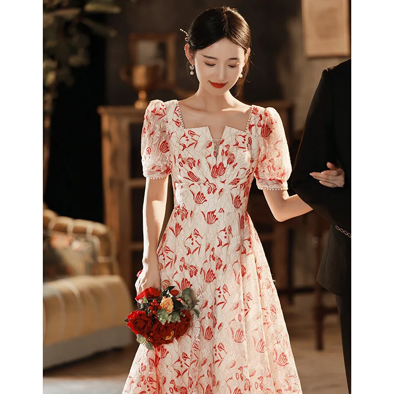 

Chinese Style Red Print Qipao Cheongsam Vintage Classic Pearl Collar Chinese Dress Sexy Lace A-Line Evening Party Dress