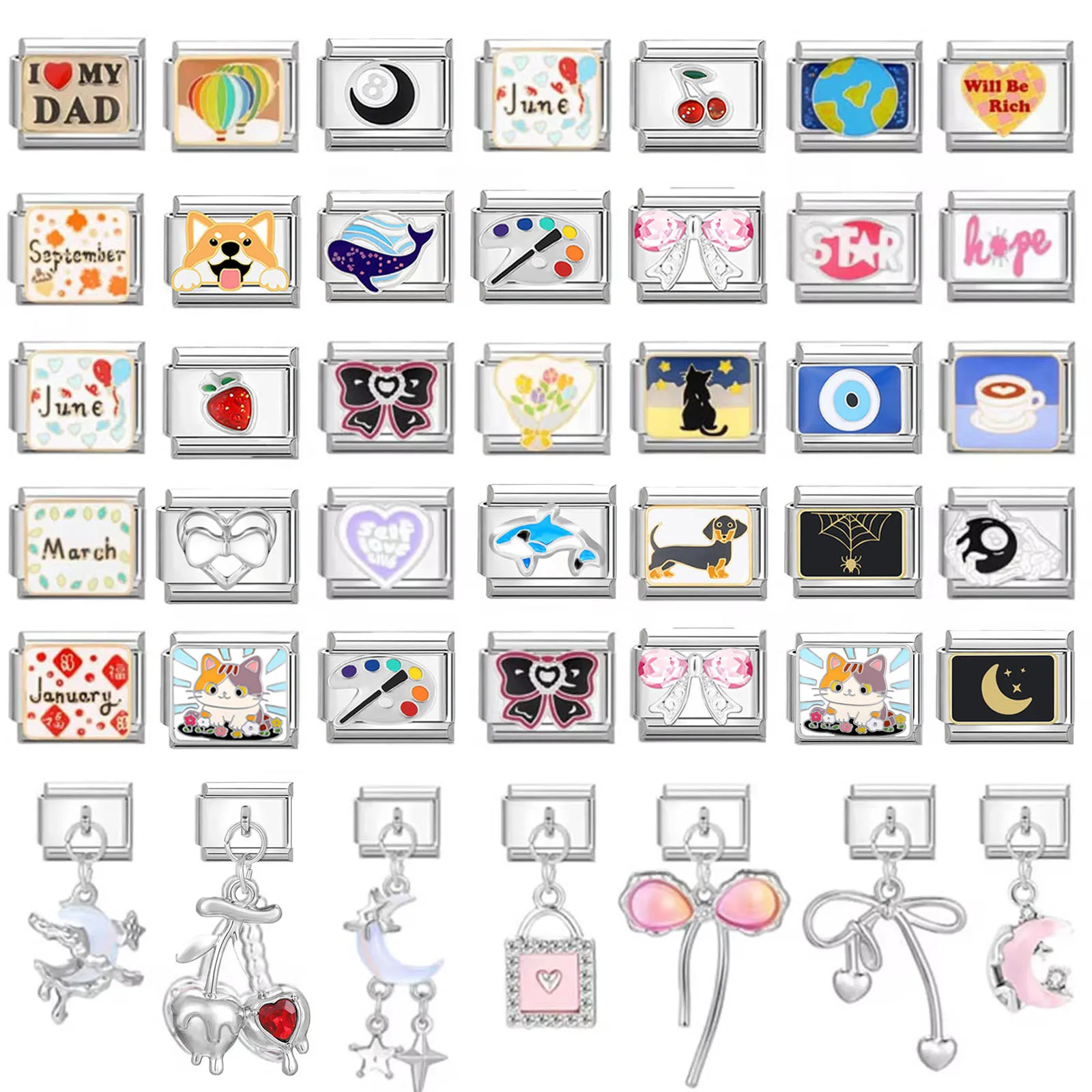 Perno de gato negro, ojos, cereza, corazón, Luna, tierra, café, abalorios italianos, eslabones aptos para pulsera de acero inoxidable de 9mm, regalos para hacer bricolaje