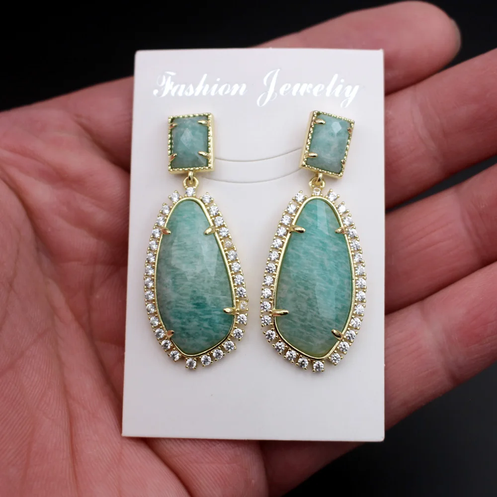 1pair Natural Gem Amazonite Labradorite Stone CZ Zirconia Earrings Post Women Bridal Ear Studs Wedding Party Gift Boho Jewelry