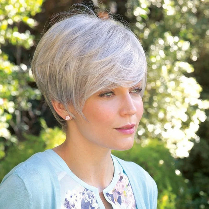 Pixie Grey Wig with Bangs Sliver Gray Wig for Women Synthetic Natural Looking US