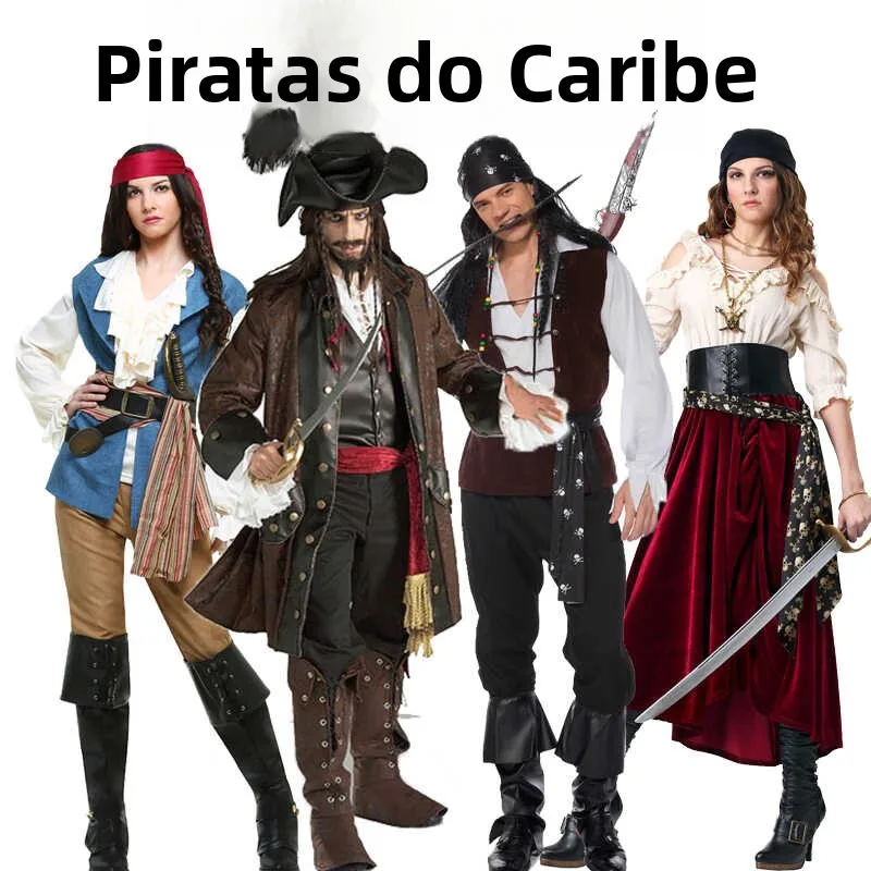 Fantasia de Halloween Unissex para Adultos, Tema Pirata do Caribe, Fantasia de Jack Sparrow para Performance em Palco, Tema d...
