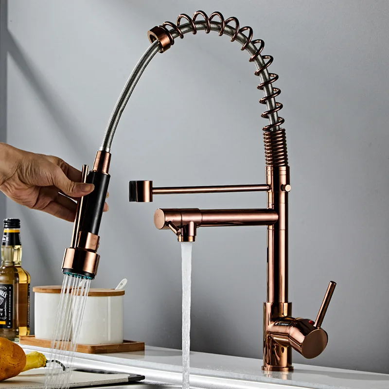 

Spring kitchen faucet, pull-out dual outlet hot and cold sink, vegetable washing basin, rotating rose gold faucet