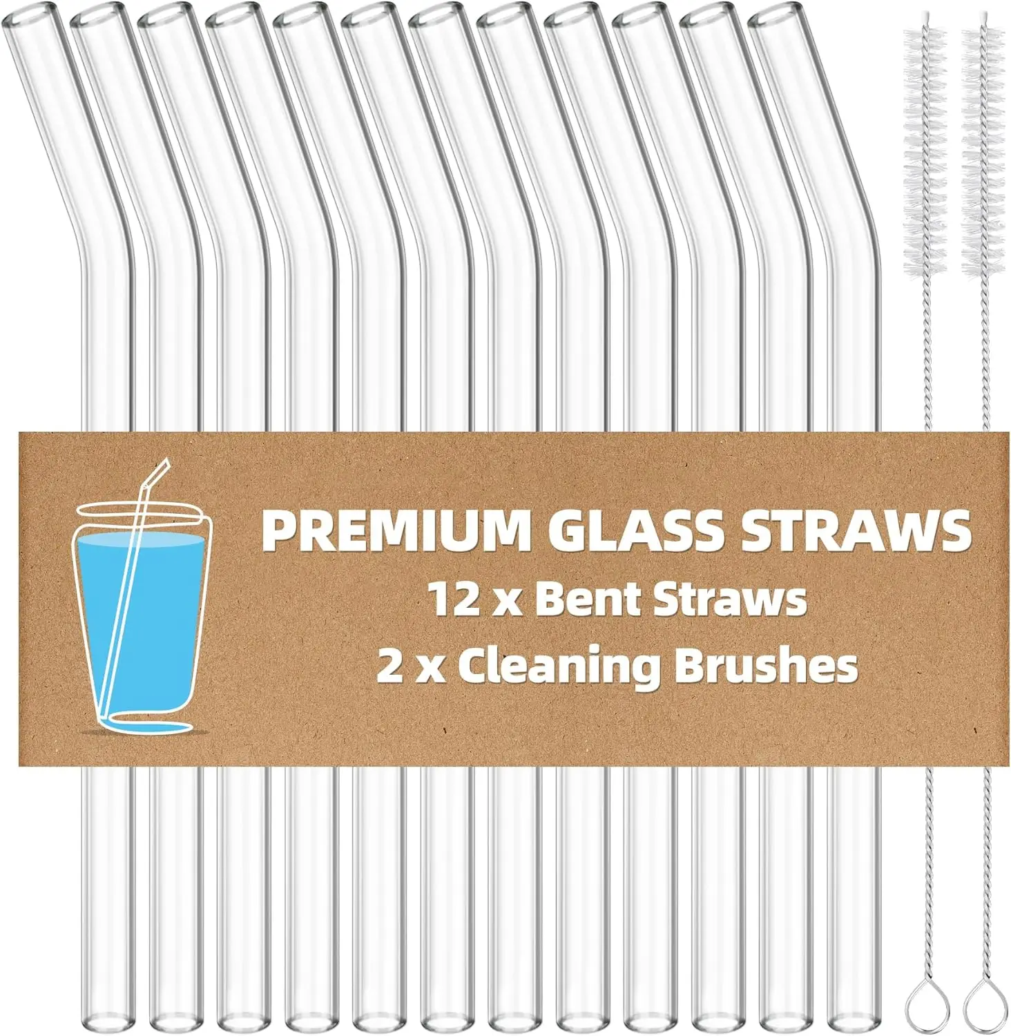 

Набор из 12 многоразовых стеклянных трубочек для напитков, 8,5 дюймов, изогнутые, для горячих и холодных напитков, с 2 щетками для чистки