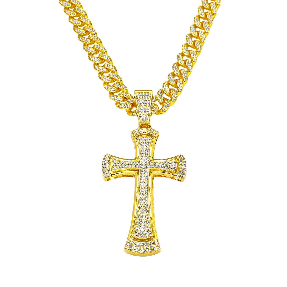 

Men Women Hip Hop Cross Shiny Pendant Necklace 13mm Miami Cuban Chain Charm Bling Exquisite Necklaces Jewelry Fashion Charm Gift